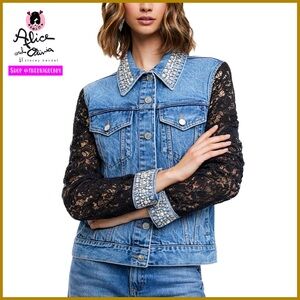 Alice + Olivia Jeff Oversized Embellished Lace Sleeve Denim Jacket